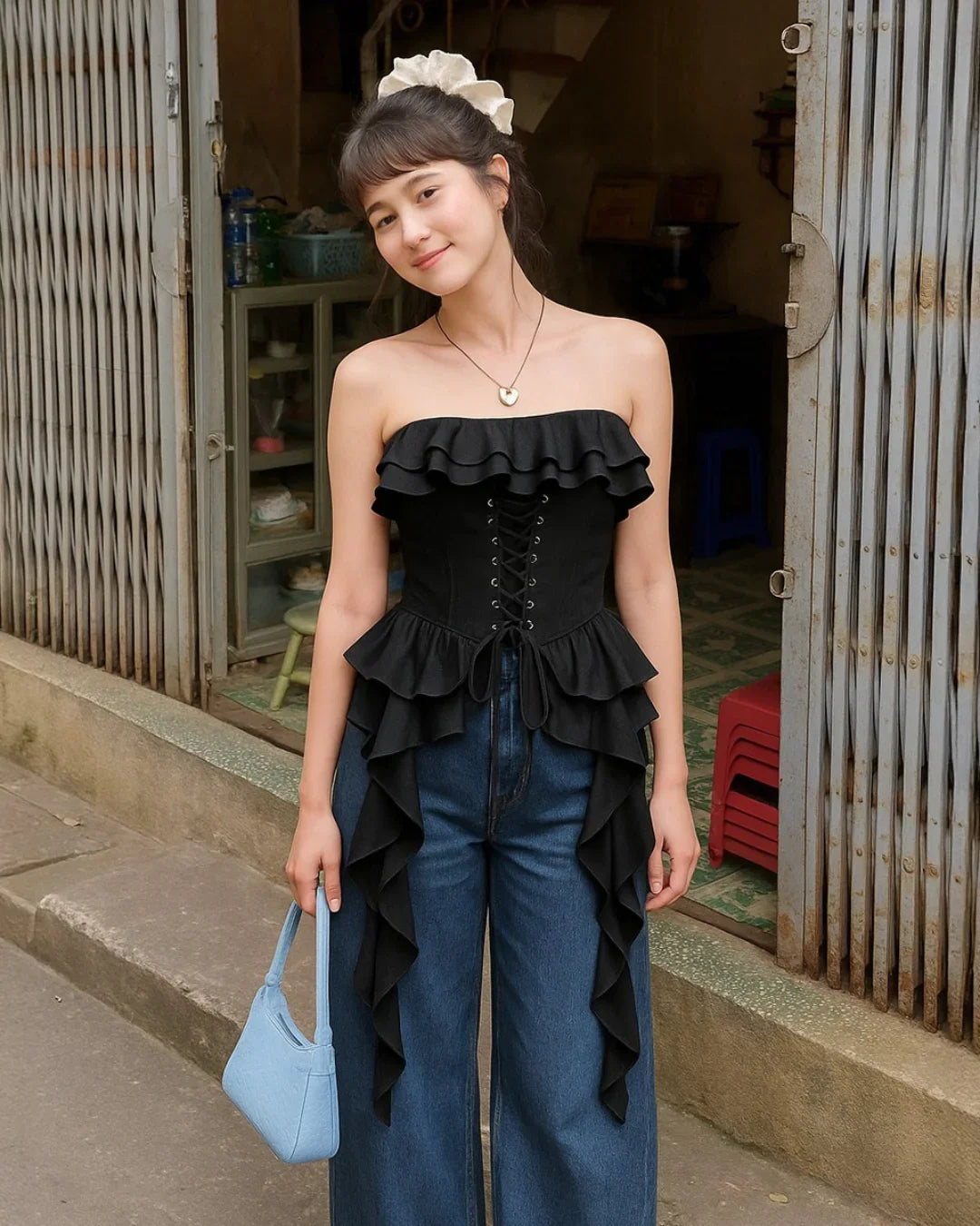 Ruffled Lace up Bandeau Black Crop Top