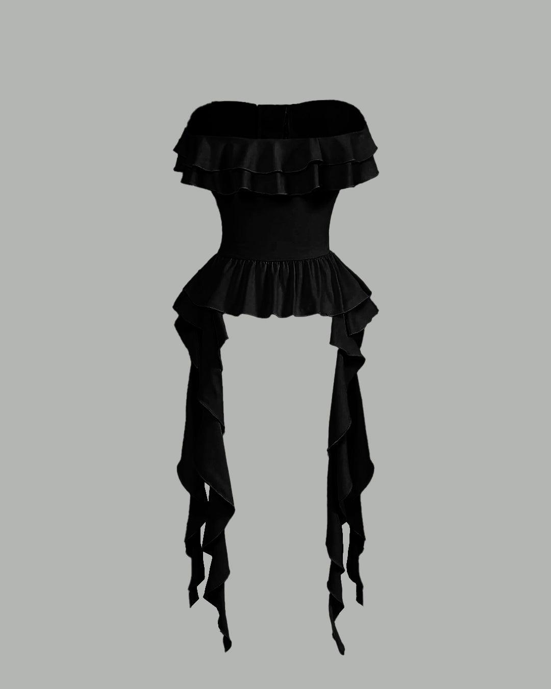 Ruffled Lace up Bandeau Black Crop Top
