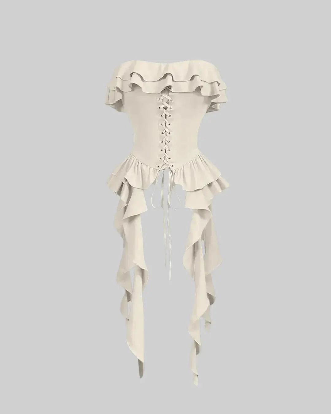 Ruffled Lace up Bandeau Off-White Crop Top