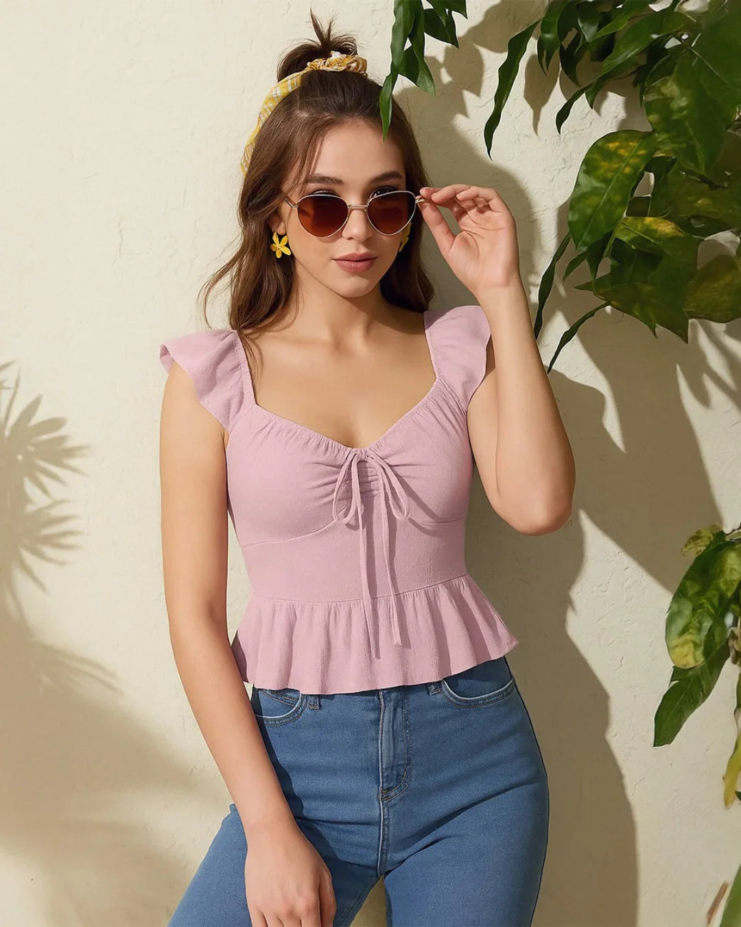 Ruffled Sleeve Tie Front Peplum Top in Baby Pink