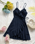 Ruffled Wrap Spaghetti Strap Dress in Navy Blue
