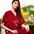 Stretchable Velvet Kaftan with Floral Embroidery - Pinkkup