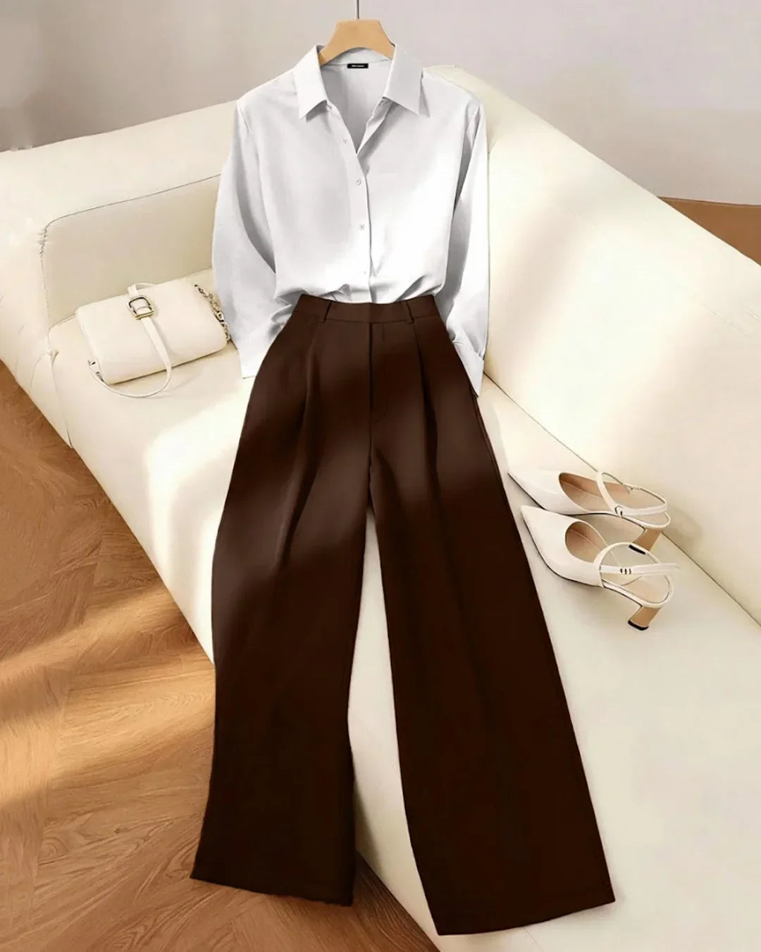 Long Sleeve Top and Dark Brown Straight Leg Pants Two Piece Set