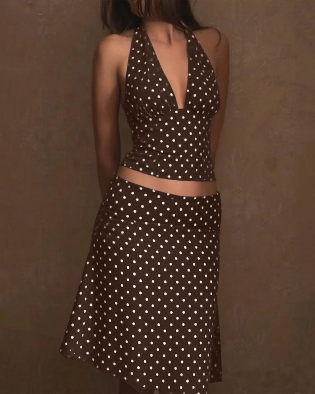 Polka Dot Y2K Backless Halter Tie Ruffle Hem Two Piece Set in Brown