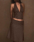Polka Dot Y2K Backless Halter Tie Ruffle Hem Two Piece Set in Brown