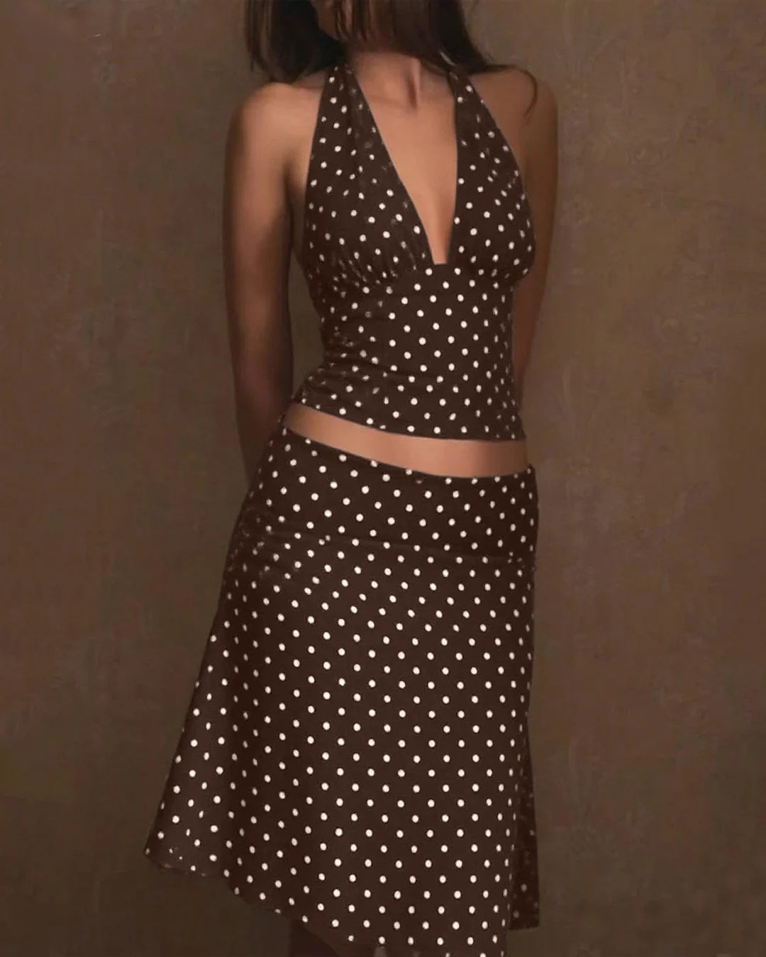 Polka Dot Y2K Backless Halter Tie Ruffle Hem Two Piece Set in Brown