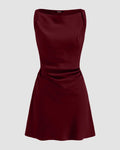 Satin Boat Neck Ruched Mini Dress in Red