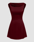 Satin Cowl Neck Draped Backless Fit and Flare Mini Dress in Red