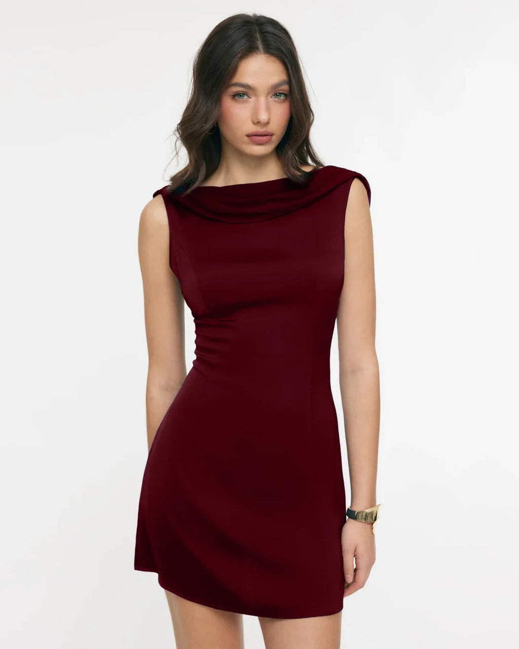Satin Cowl Neck Draped Backless Fit and Flare Mini Dress in Red