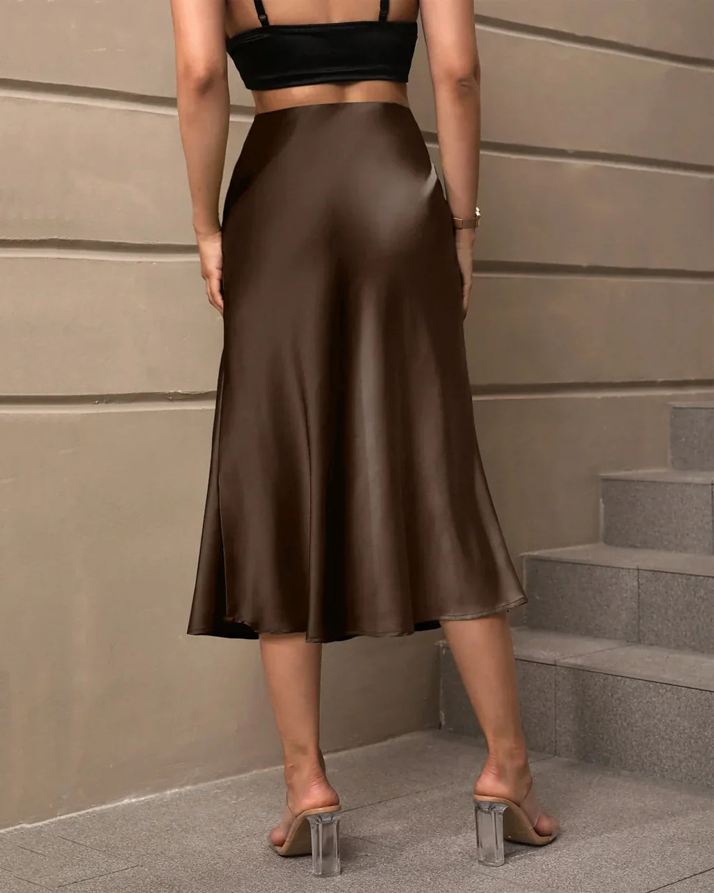 Satin Flared Midi Skirt in Brown
