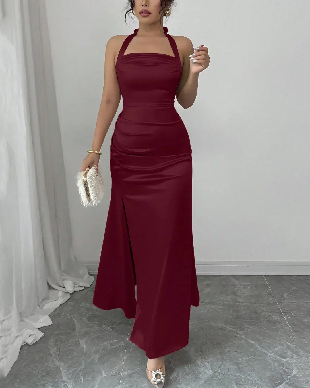 Satin Sleeveless Halter Neck  Maxi Dress in Red