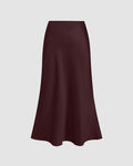 Satin Solid Ruffle Long Skirt In Wine