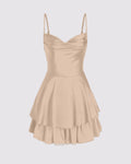 Satin Spaghetti Strap Layered Ruffle Cocktail Mini Cami Dress In Peach