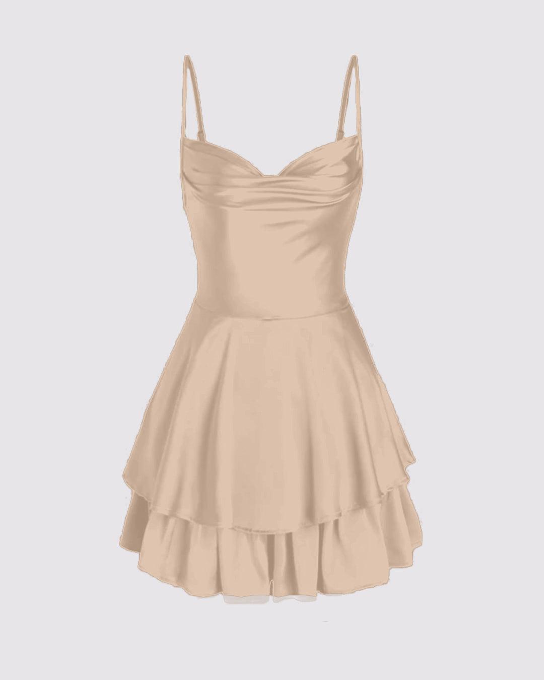 Satin Spaghetti Strap Layered Ruffle Cocktail Mini Cami Dress In Peach