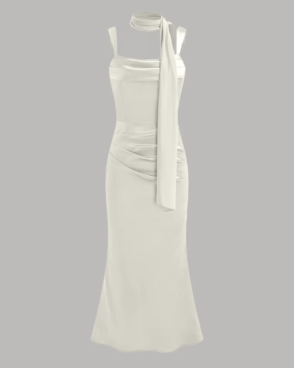 Satin Square Neck Ruched Lace Up Maxi Dress in Off White