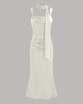 Satin Square Neck Ruched Lace Up Maxi Dress in Off White