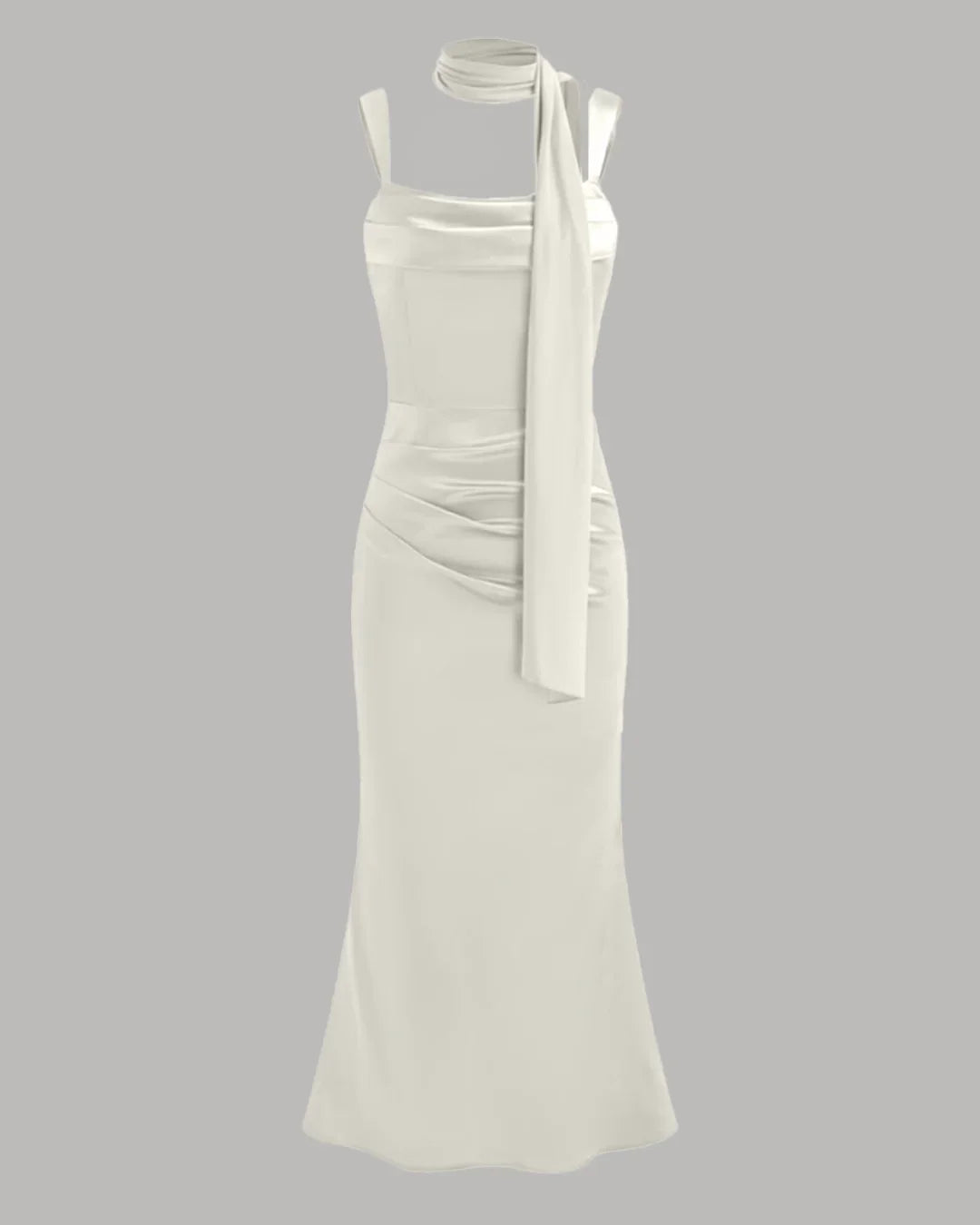 Satin Square Neck Ruched Lace Up Maxi Dress in Off White