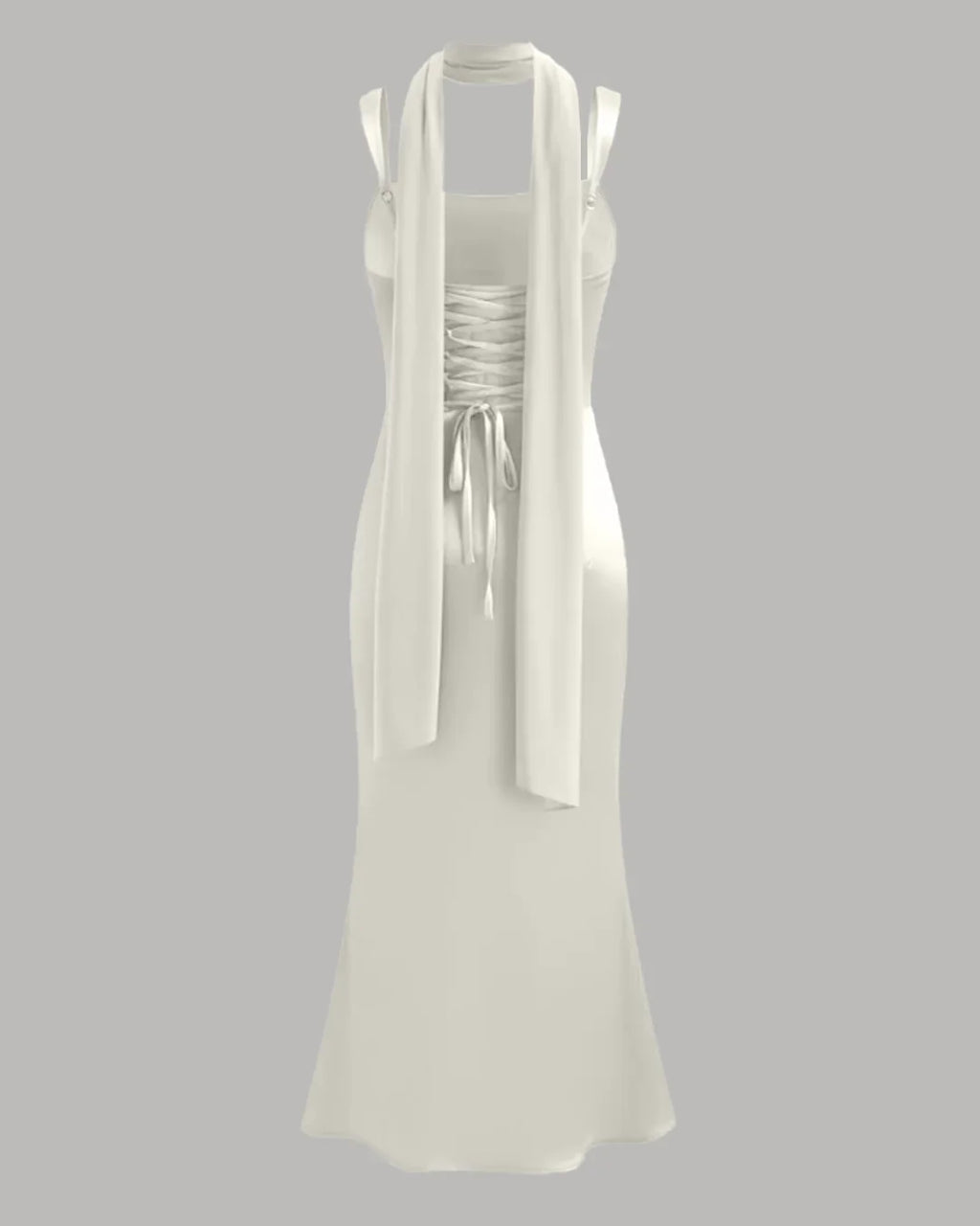 Satin Square Neck Ruched Lace Up Maxi Dress in Off White