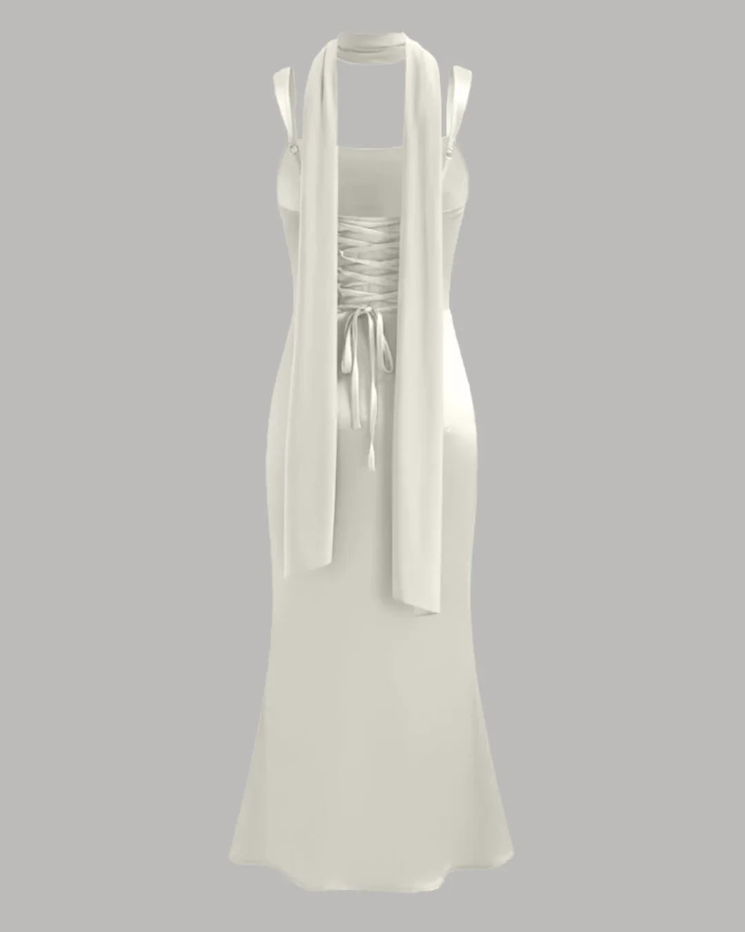 Satin Square Neck Ruched Lace Up Maxi Dress in Off White