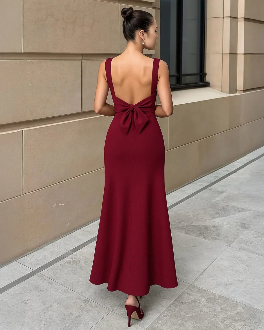 Scoop Neck Backless Bodycon Dress in Burgundy