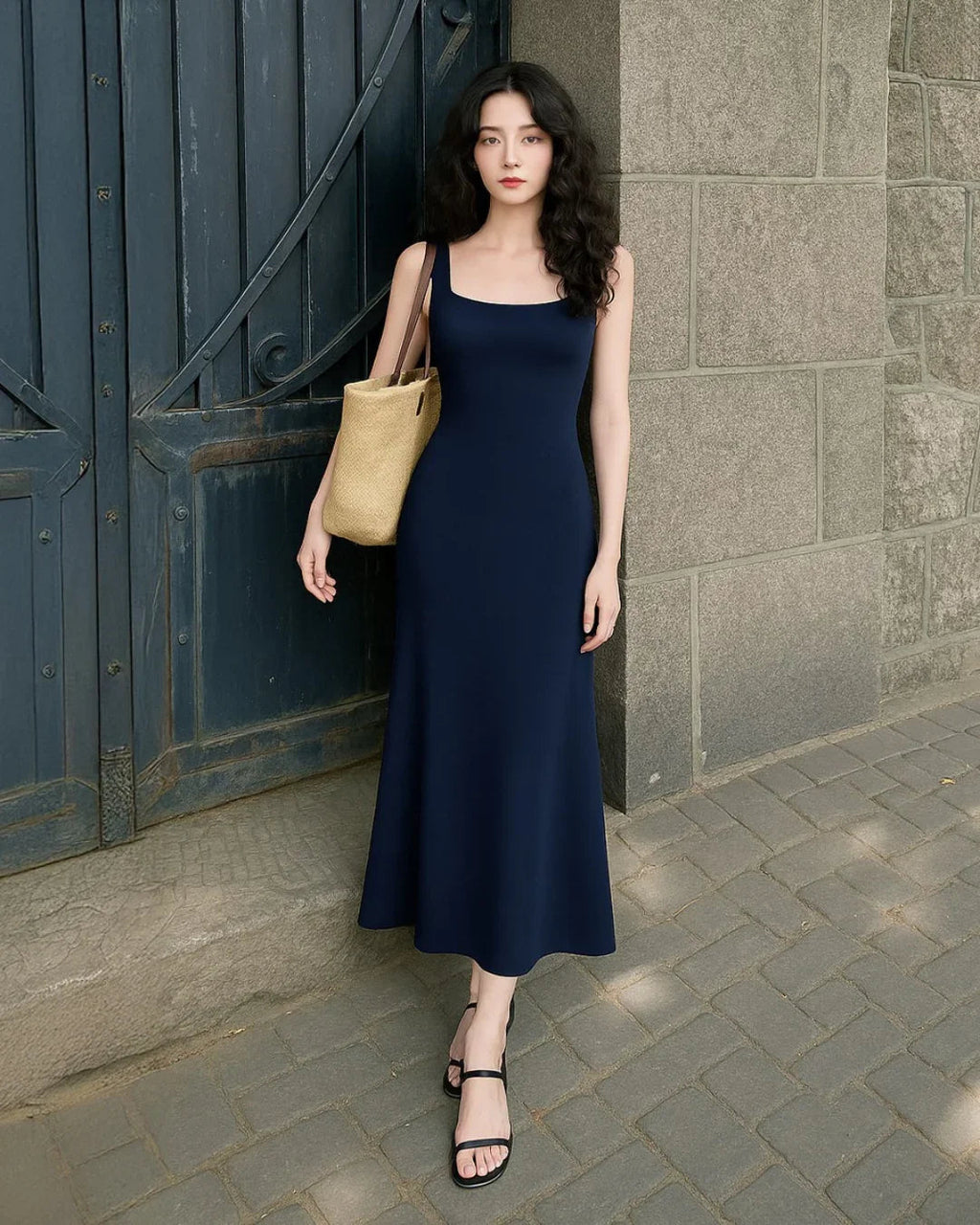 Scoop Neck Backless Bodycon Dress in Navy Blue