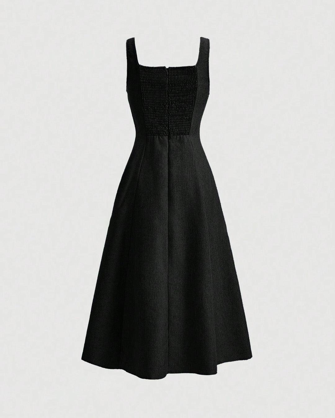 Scoop Neck Retro Style Midi Dresses In Black