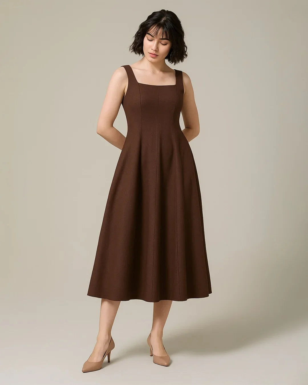 Scoop Neck Retro Style Midi Dress In Chocolate