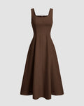 Scoop Neck Retro Style Midi Dress In Chocolate