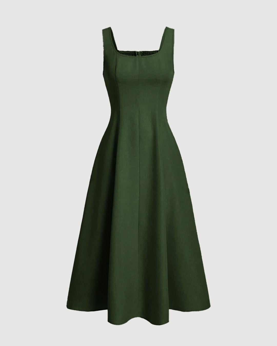Olive Green Scoop Neck Midi Dress with Retro Style