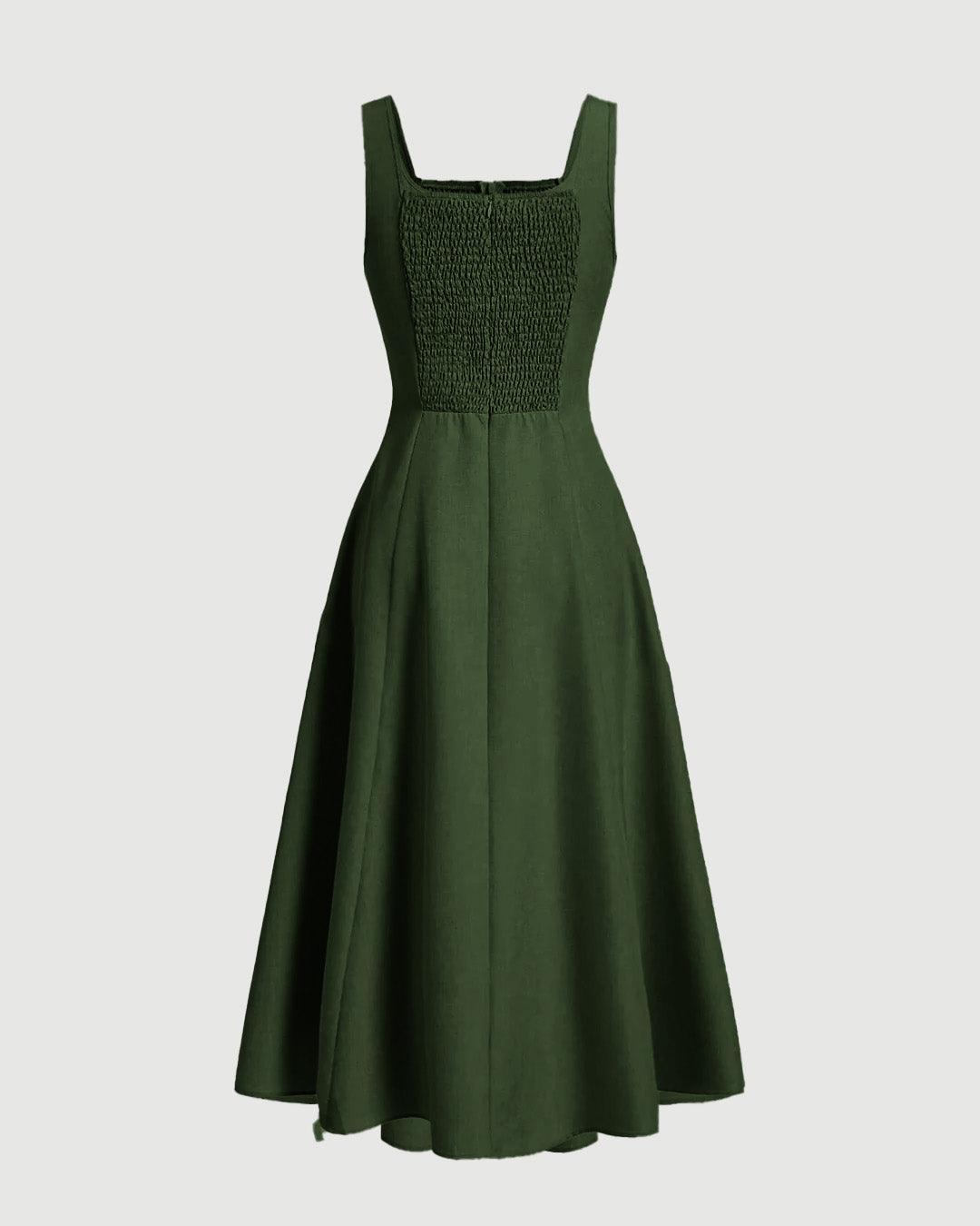 Olive Green Scoop Neck Midi Dress with Retro Style