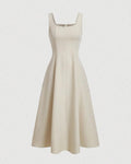 Scoop Neck Retro Style Midi Dress In Off-White