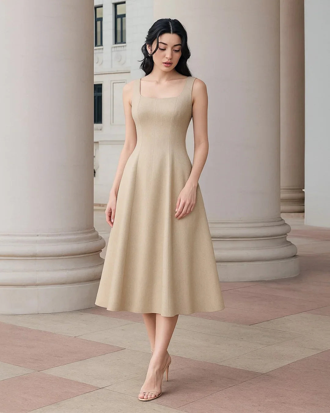 Scoop Neck Retro Style Midi Dress In Off-White