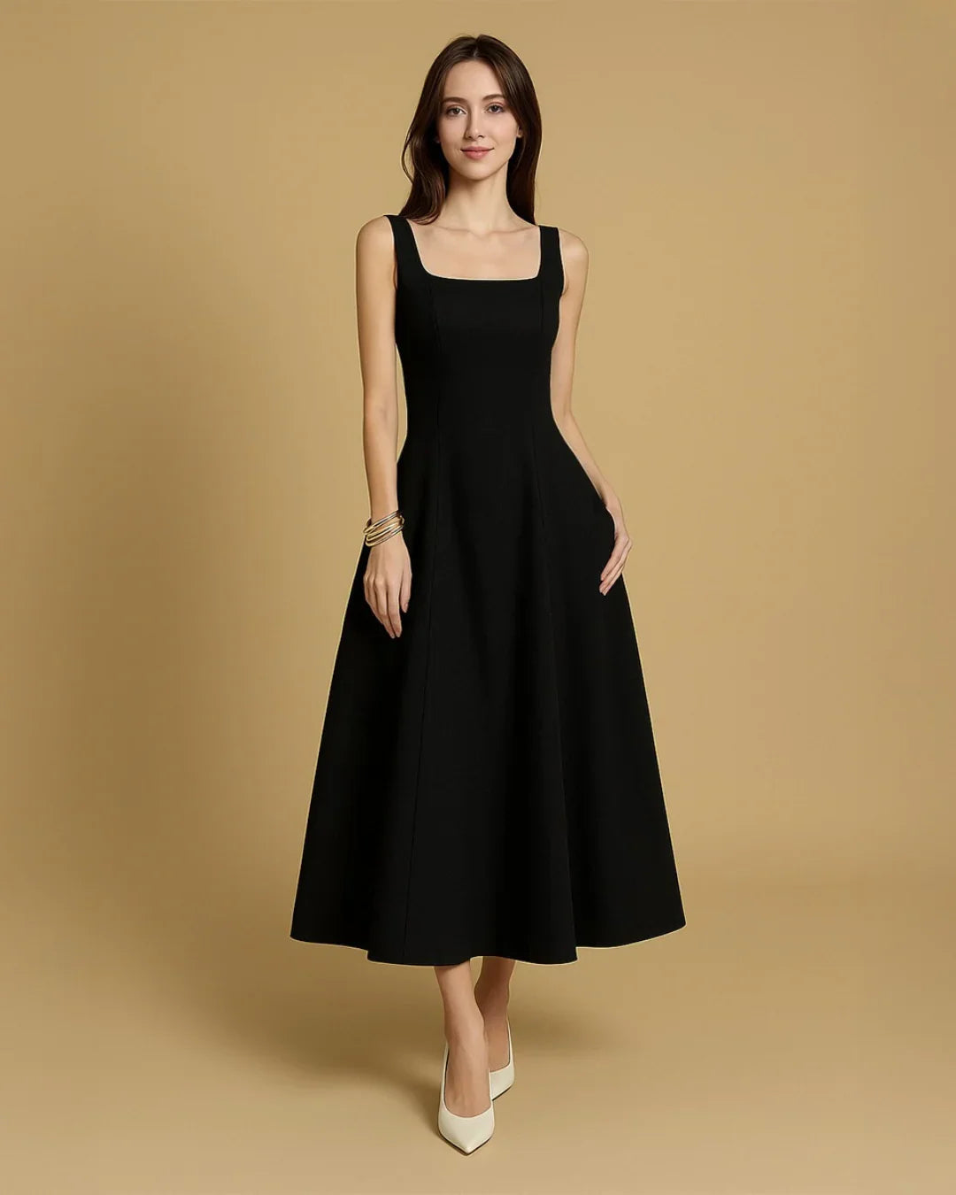 Scoop Neck Retro Style Midi Dresses In Black