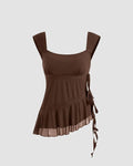 Scoop Neck Tie Up Asymmetrical Hem Tank Top in Brown