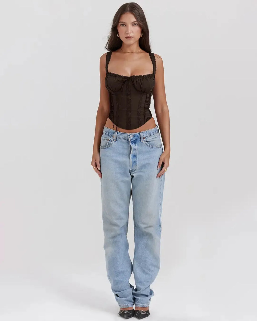 Sculpted Fit Wide lace-trimmed Corset Top In Chocolate