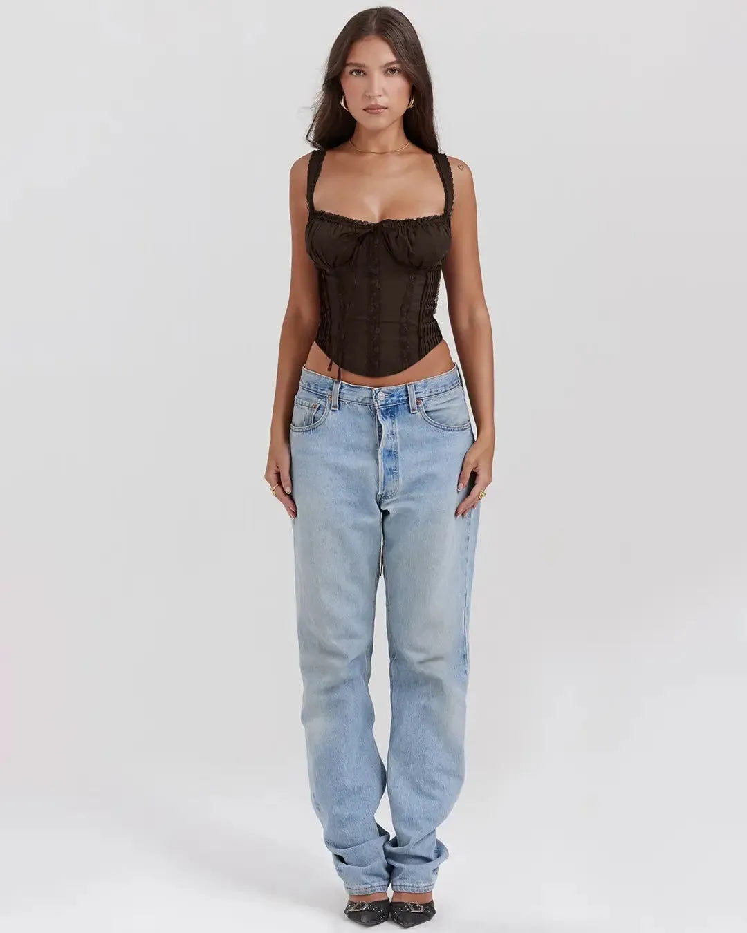 Sculpted Fit Wide lace-trimmed Corset Top In Chocolate