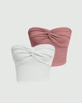 Set Of 2 - Twist Front Rib-knit Crop Tube Top