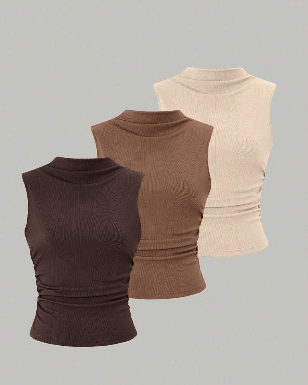 Set Of 3 -  Ribbed High-Neck Tank Tops