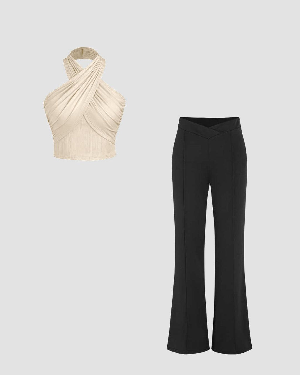 Set Of Halter Neck Off-White Top & V-Waist Flared Black Trouser