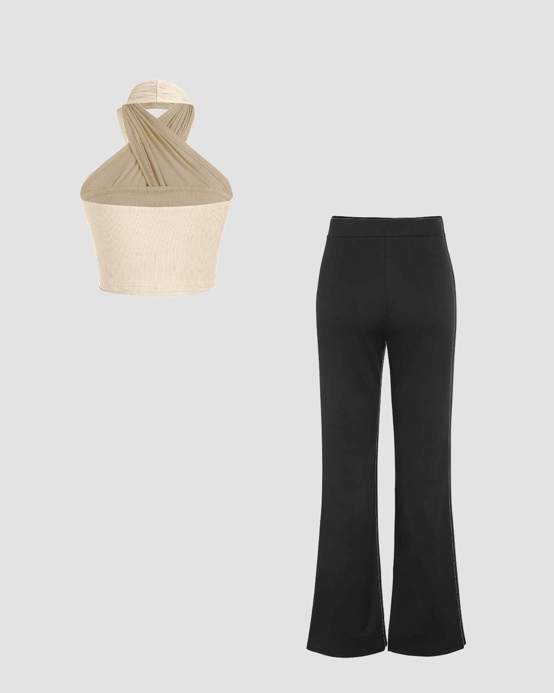 Set Of Halter Neck Off-White Top & V-Waist Flared Black Trouser