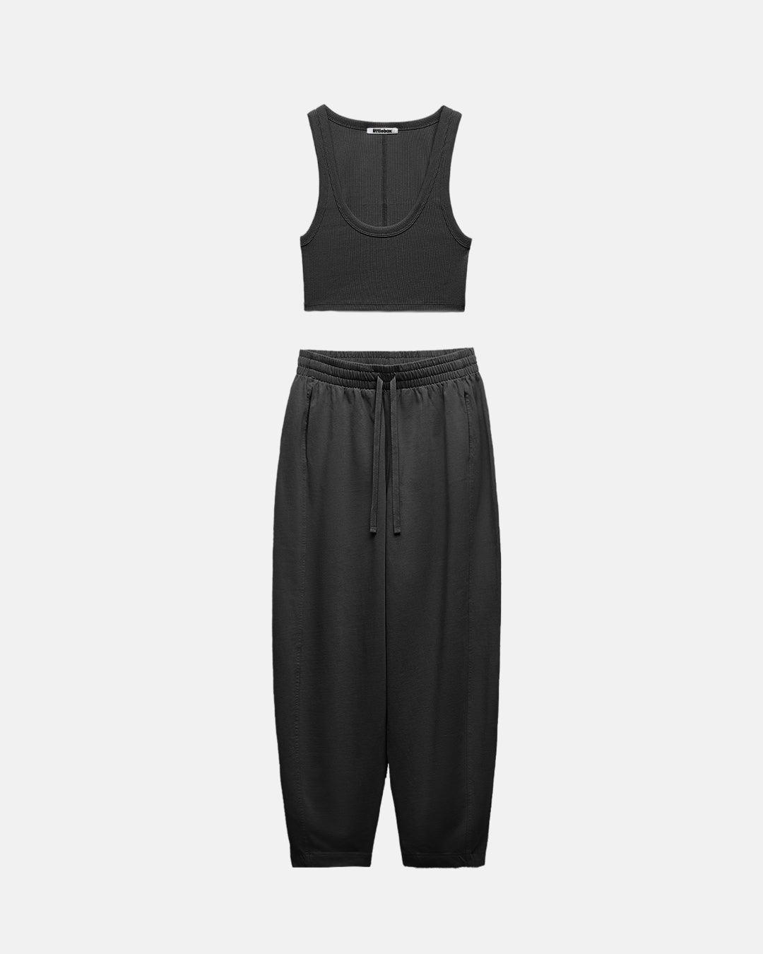 Set Of Two : Corset Style Top & Relaxed Fit Joggers in Black