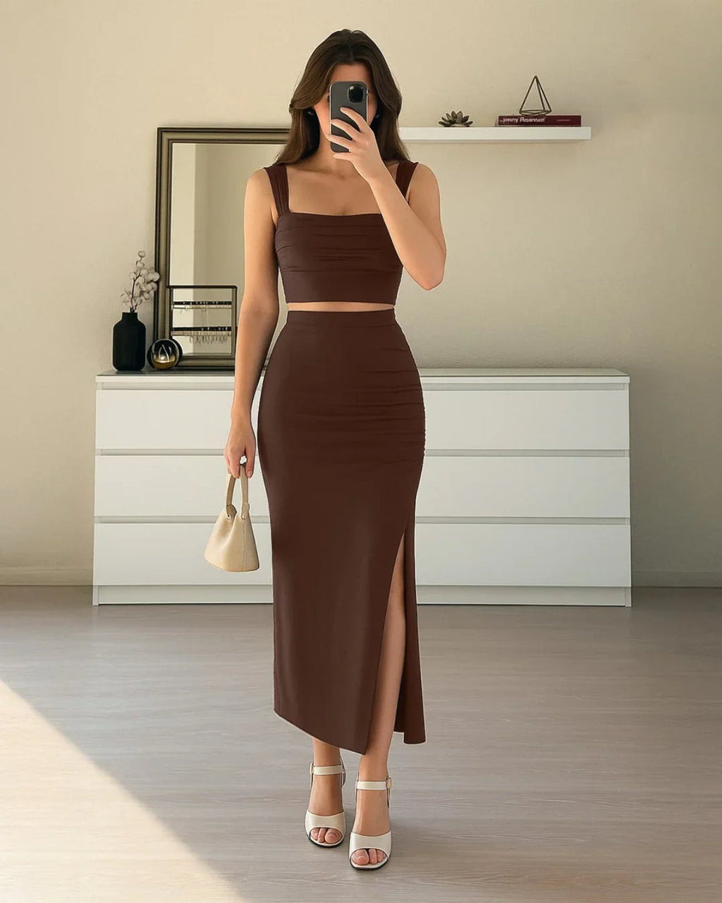 Set Of Two: Crop Top With High Waisted Side Split Skirt In Brown