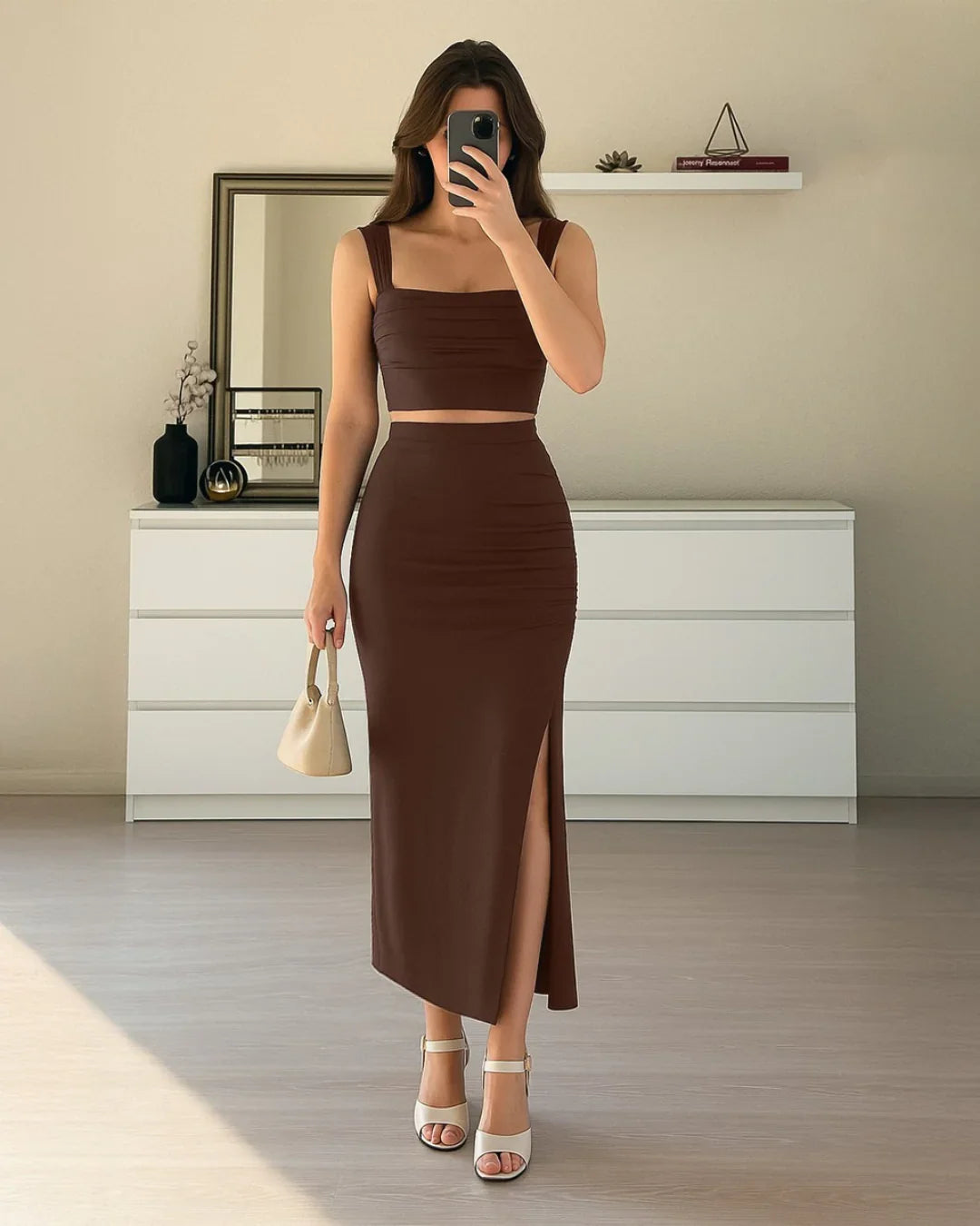 Set Of Two: Crop Top With High Waisted Side Split Skirt In Brown