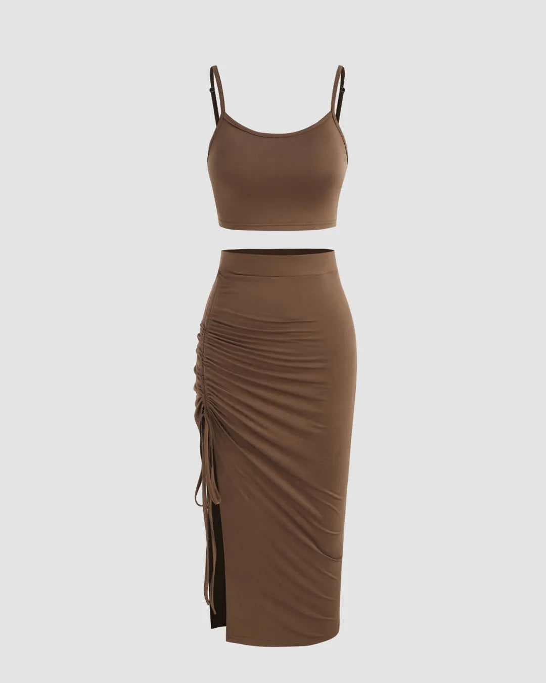 Set Of Two Party Wear Ruched Skirt With Top In Brown