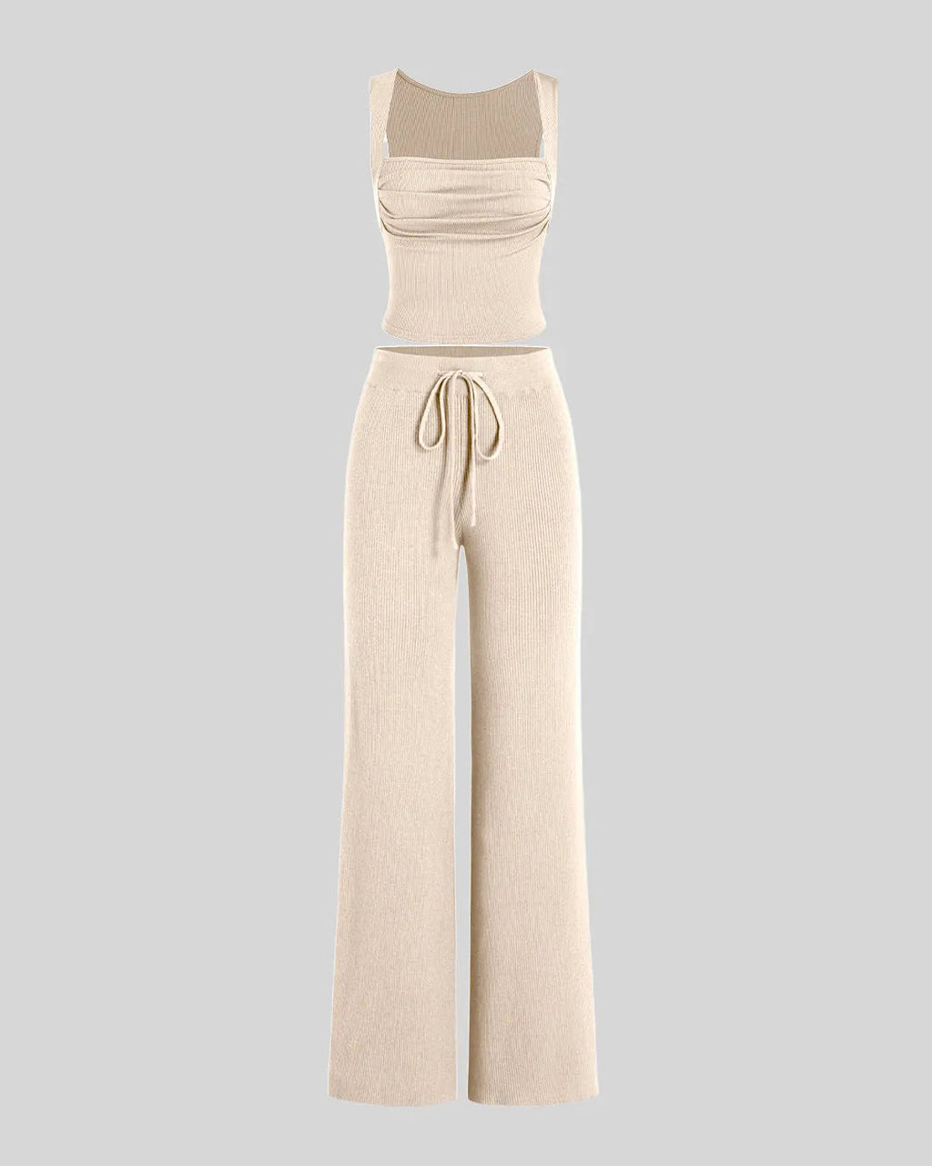 Set Of Two Ruched Square Neck Crop Top With Trouser In Apricot