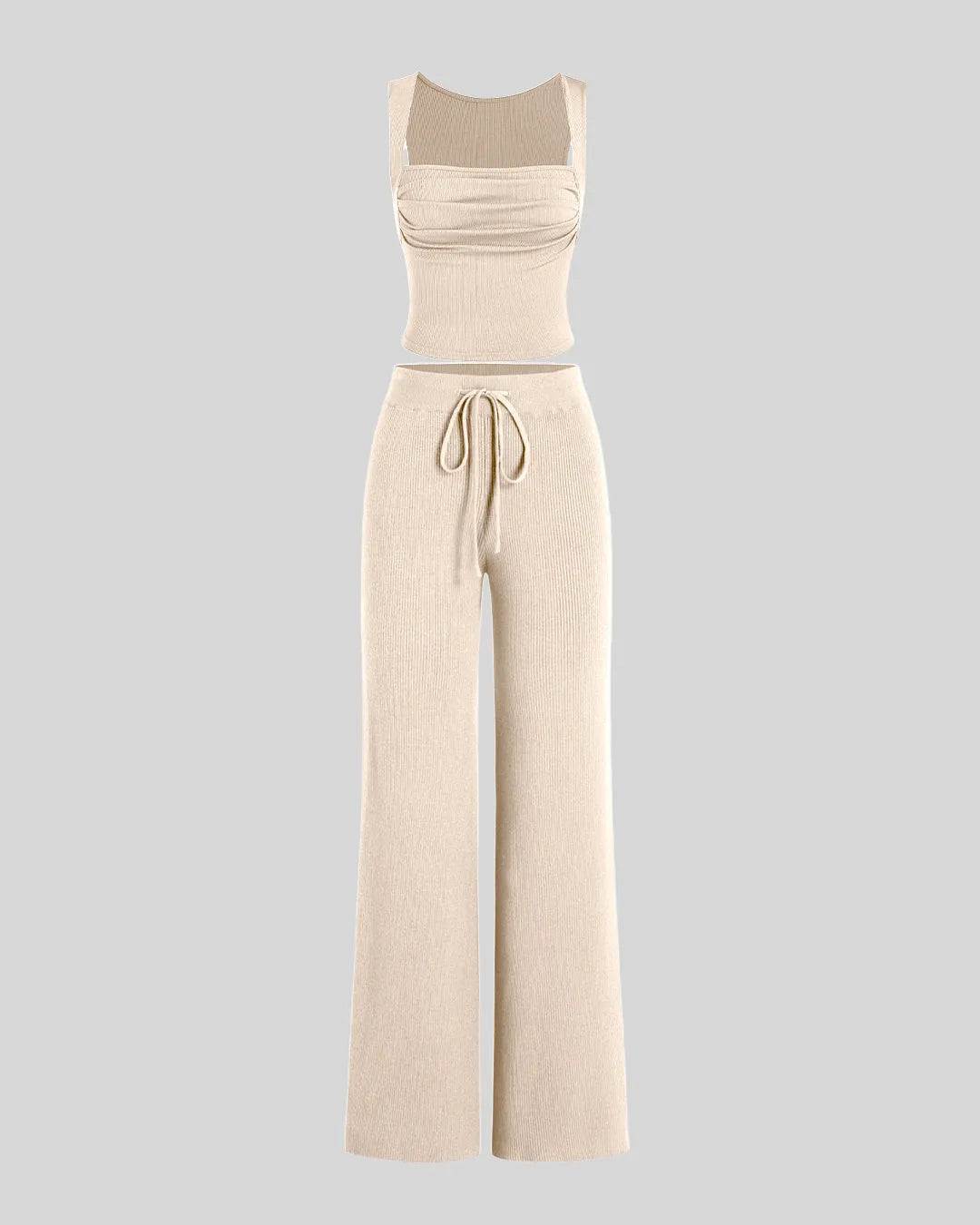 Set Of Two Ruched Square Neck Crop Top With Trouser In Apricot