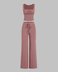 Set Of Two Ruched Square Neck Crop Top With Trouser In Blush Pink