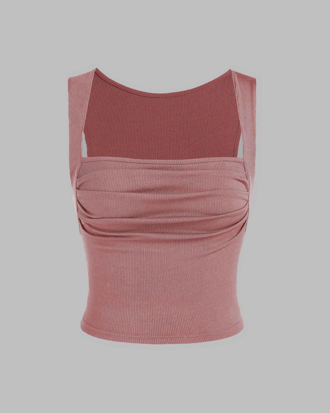 Set Of Two Ruched Square Neck Crop Top With Trouser In Blush Pink