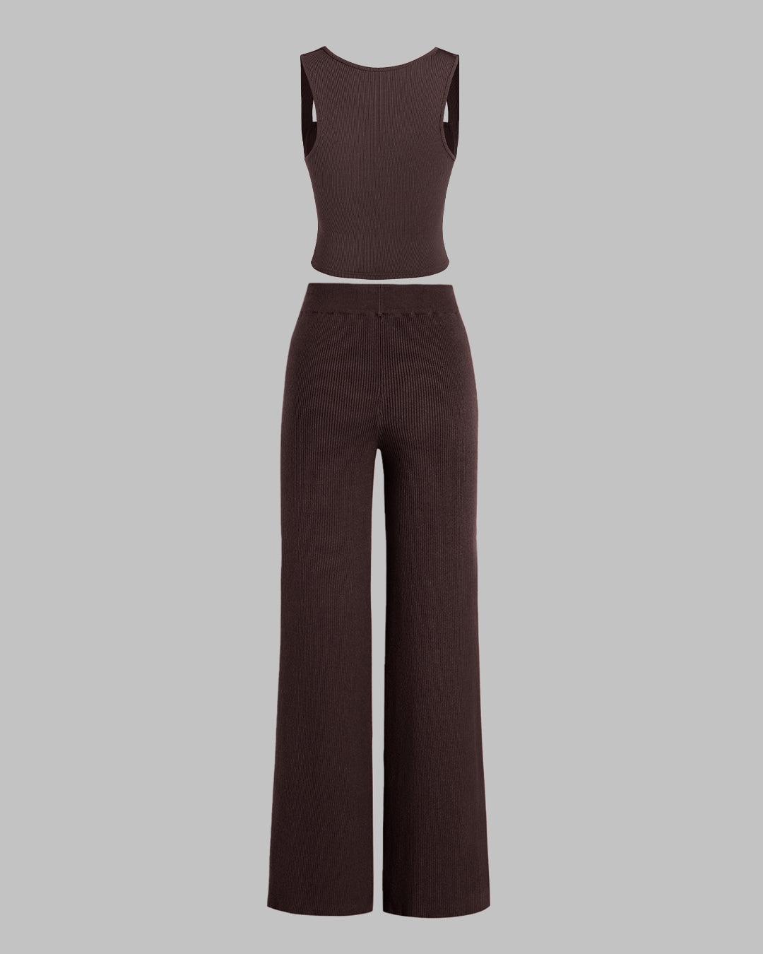 Set Of Two Ruched Square Neck Crop Top With Trouser In Dark Brown