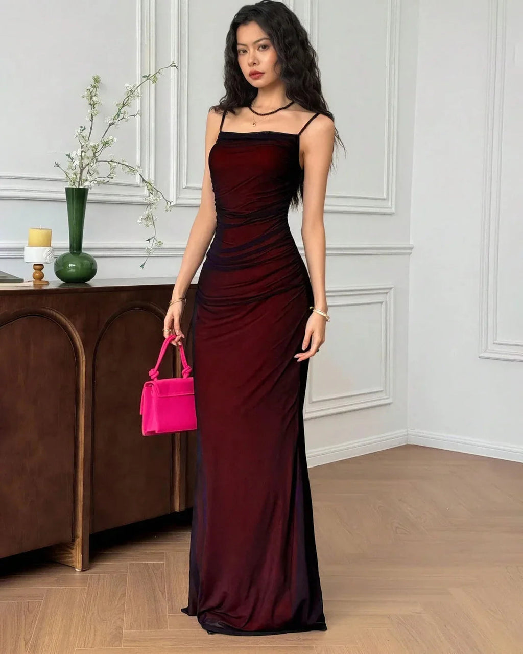 Sheer Fishtail Hem Fitted Bodycon Maxi Dress in Black And Red